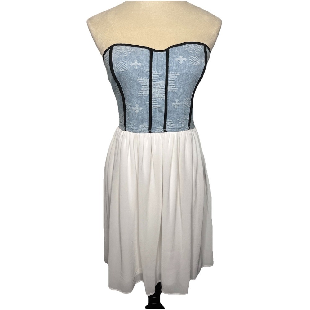 Fire Los Angeles Sweetheart Strapless Boho Mini Dress S Aztec Denim Y2K Boho